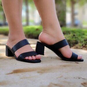 Women’s Comfortable Slip On Sandals Chunky Heel Double Strap Square Sole